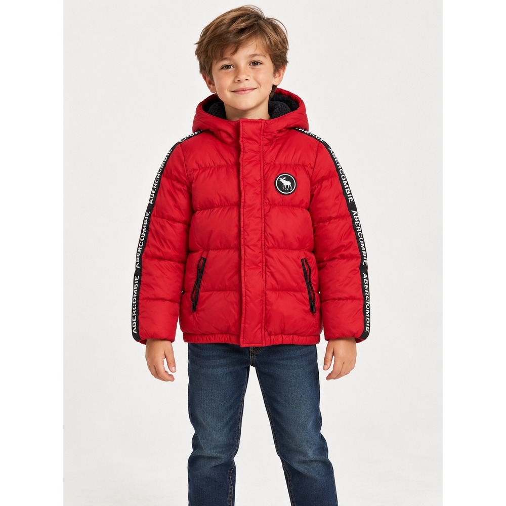 Abercrombie Kids Red Puffer Jacket Sherpa Hood Logo Tape Trim Coat